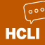 A burnt orange square with a white outline of a text box and white text spelling HCLI