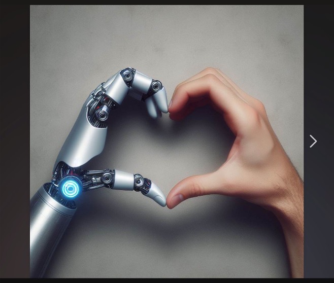 robot hand and human hand creating heart shape together 