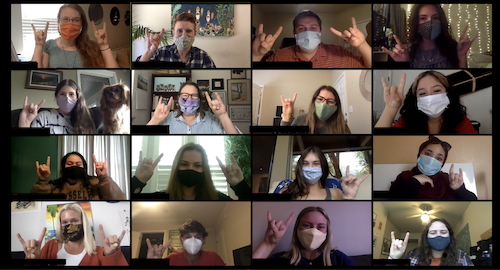 Gallery view of 16 small photos of student and staff faces, all wearing masks, all giving the hook 'em horns hand gesture with index and pinky finger up, hand facing out. 
