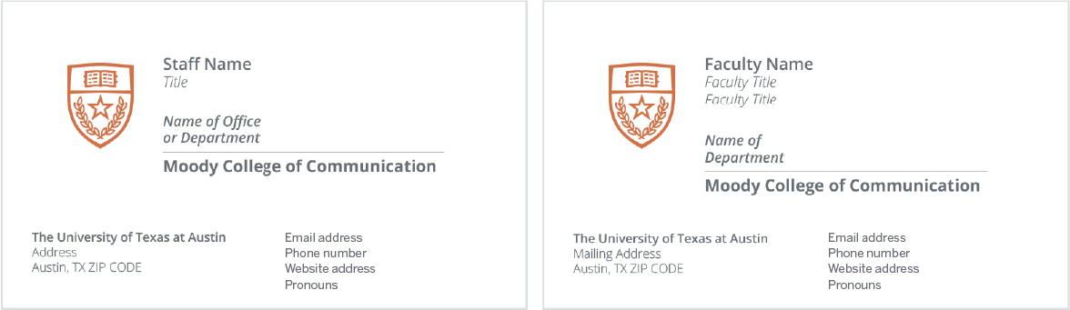 Example of faculty staff business cards. You can list the following on a card: Name, title, office/dept. name, address, phone number, website and pronouns.