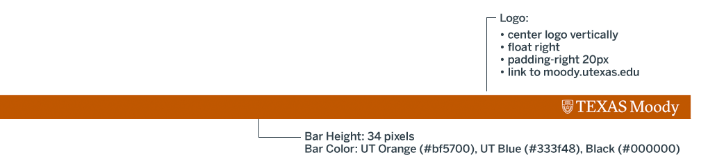 A diagram of the Moody Brand bar that has the logo centered vertically, float right with padding-right at 20 px with a link to moody.utexas.edu. The bar height is 34 pixels and the color can be UT Orange, UT Blue, or Black.