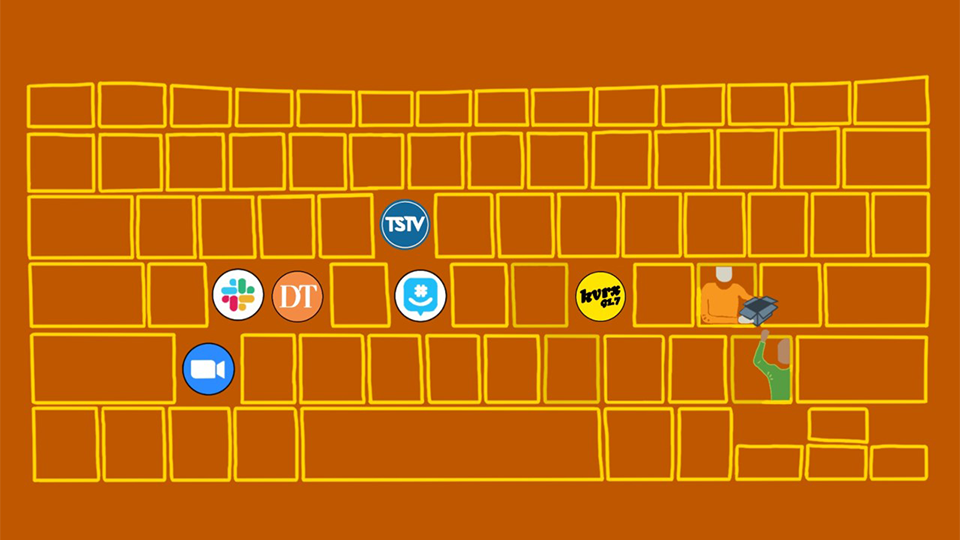 illustration of a yellow keyboard on an orange background depicting Moody moving into online spaces