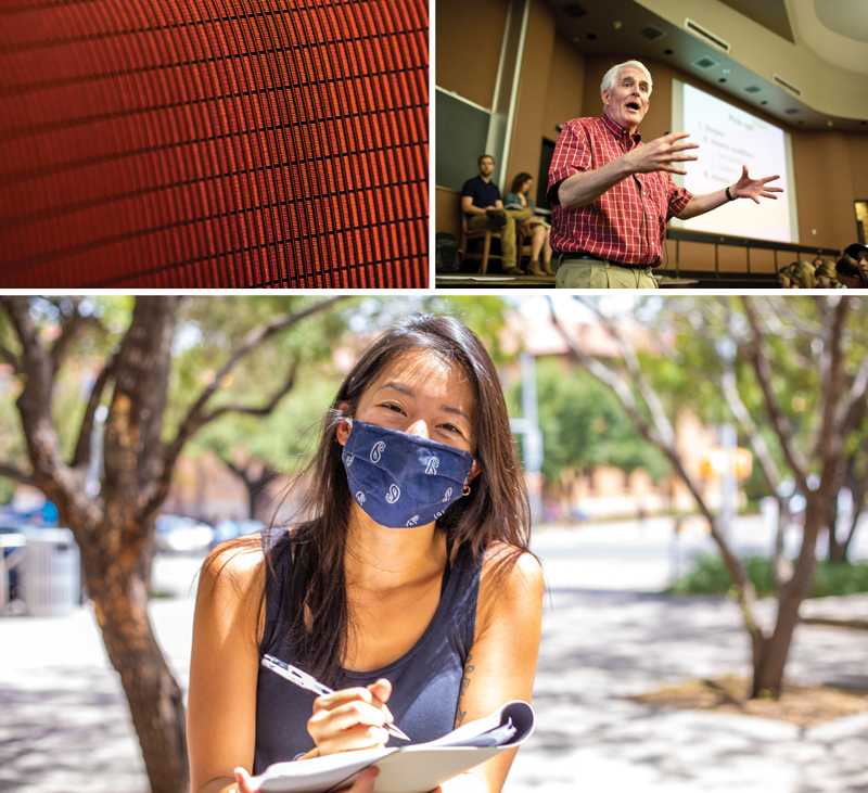 Photo collage of Moody wall texture, a professor giving a lecture, and a female student in a mask smiling at the camera