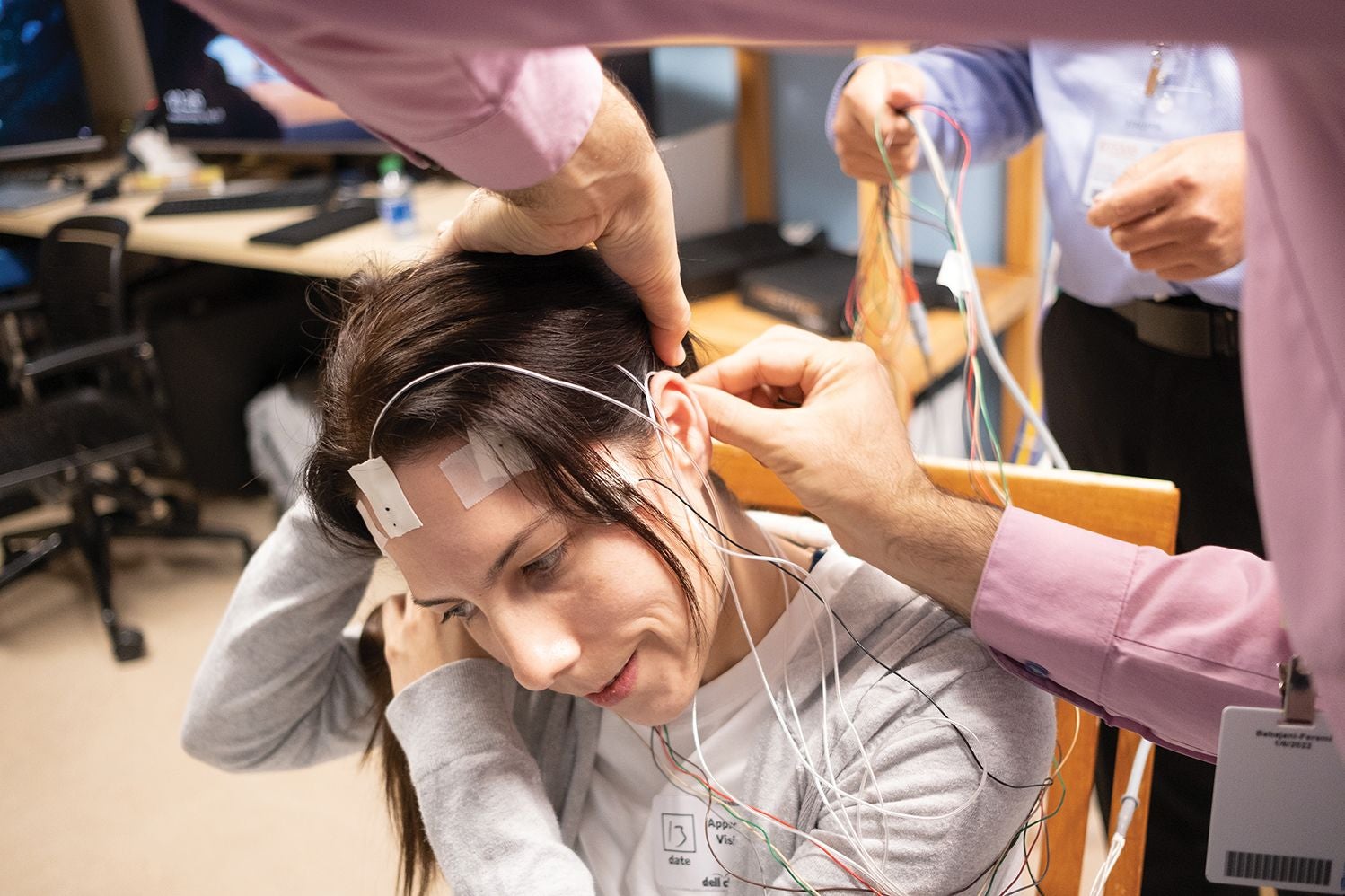 Photo of a participant in the AI and brain lab prepping for a study