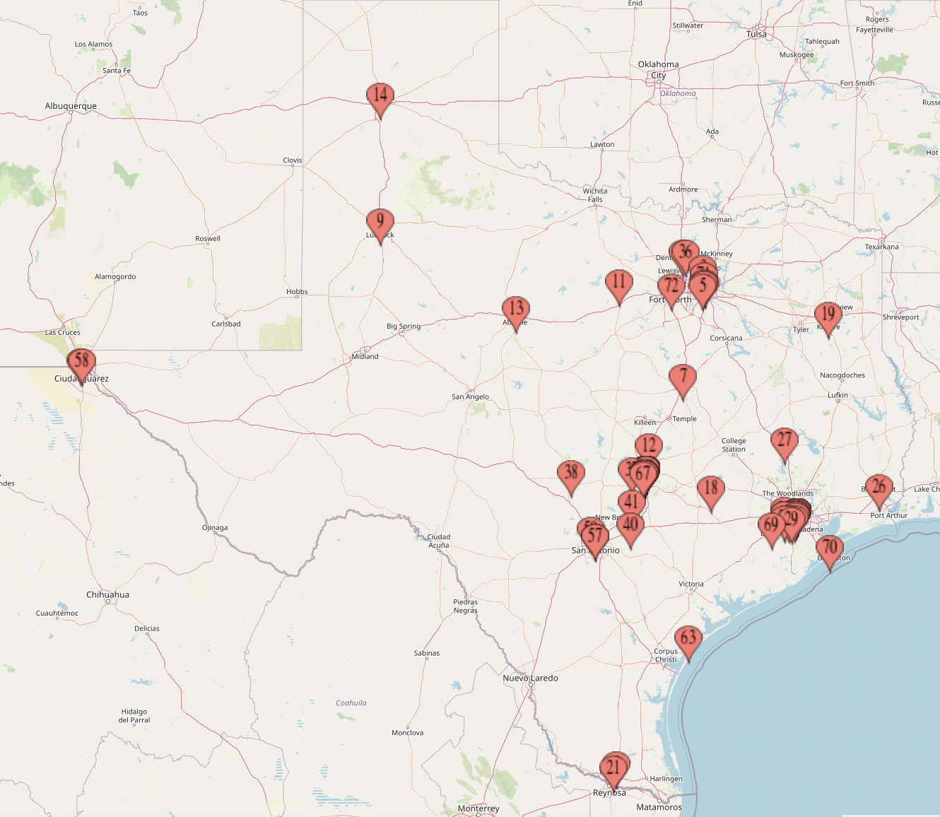 Map showing that most of Texas's film festivals are concentrated in the major metro areas in the center of the state. But there are also festivals on the northern, western, and southern borders