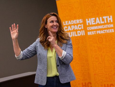 Photo of Meg Poag, CEO of Mission Squared, speaking at the 2022 Health Communication Leadership Institute. Meg is leading participants in a personalize leadership assessment.