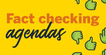 Design graphic that reads "fact checking agendas" 