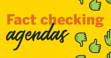 Design graphic that reads "fact checking agendas"