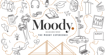 The Moody Digital Impact 2023 report cover, featuring cartoons of moody symbols such as a laptop, palm tree, bridges