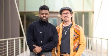Oscar-nominated singer-songwriters Abraham Alexander and Adrian Quesada (co-founder of Black Pumas) visited Moody College. Their song “Like a Bird,” featured in "Sing Sing," is nominated for Best Original Song. Photo by Campbell Williams