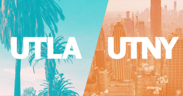 blue and orange cityscapes of LA and NY with the UTLA and UTNY logos