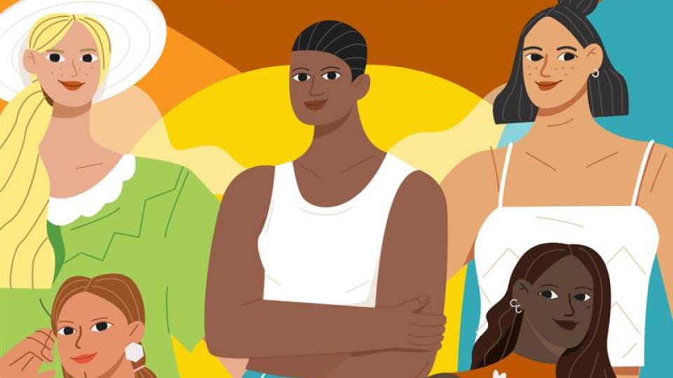 A group of women gather.