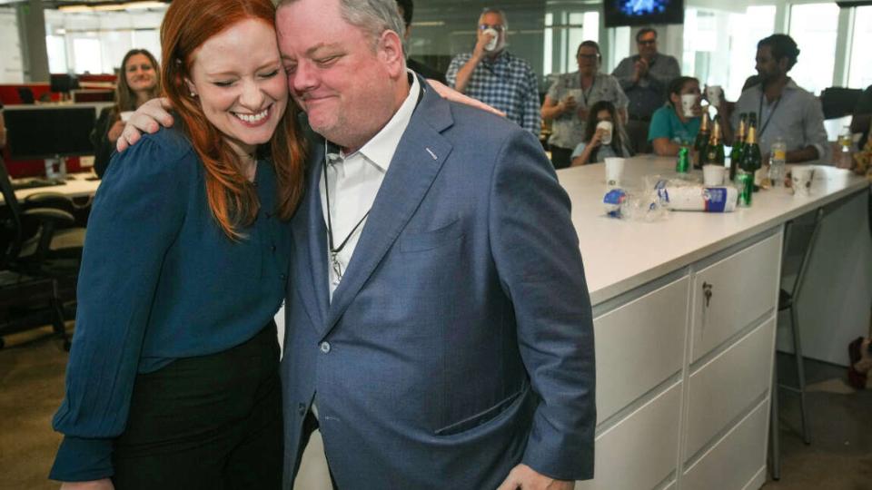 Houston Chronicle Vice President Lisa Falkenberg and Deputy Editor of Opinion Michael Falkenberg after receiving the Pulitzer Prize in Editorial Writing.