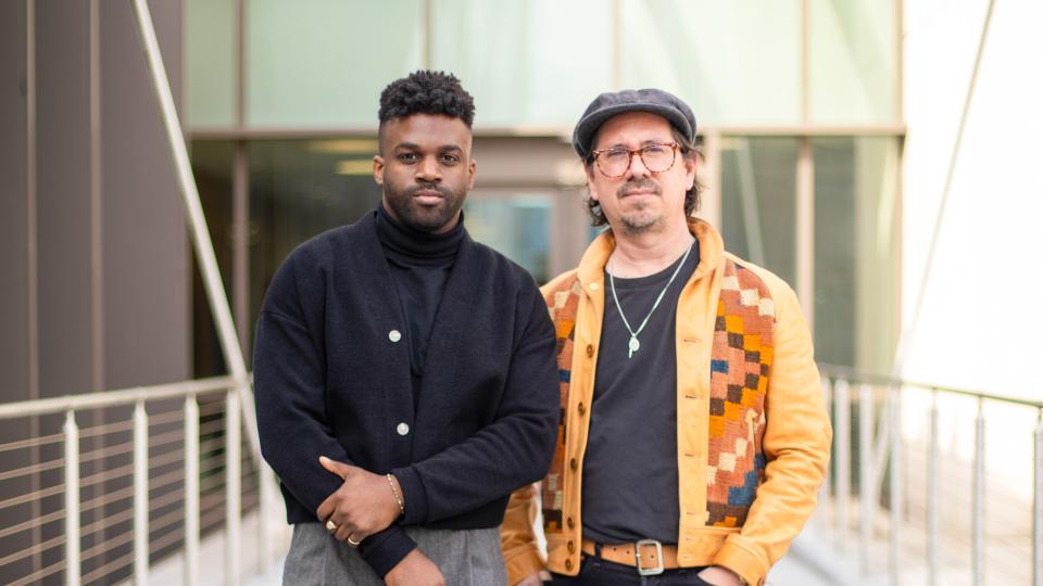 Oscar-nominated singer-songwriters Abraham Alexander and Adrian Quesada (co-founder of Black Pumas) visited Moody College. Their song “Like a Bird,” featured in "Sing Sing," is nominated for Best Original Song. Photo by Campbell Williams