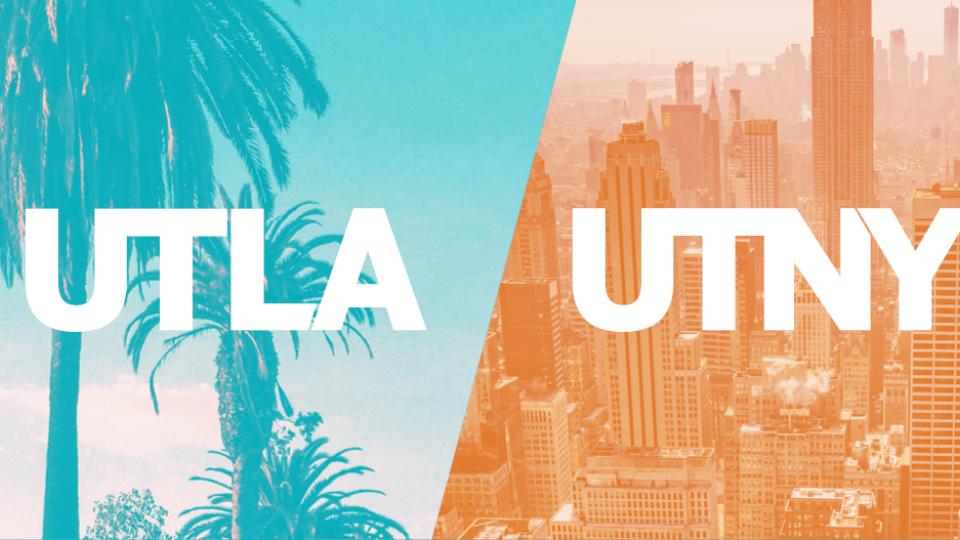 blue and orange cityscapes of LA and NY with the UTLA and UTNY logos