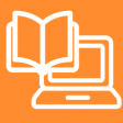 Orange background with white computer and book icon