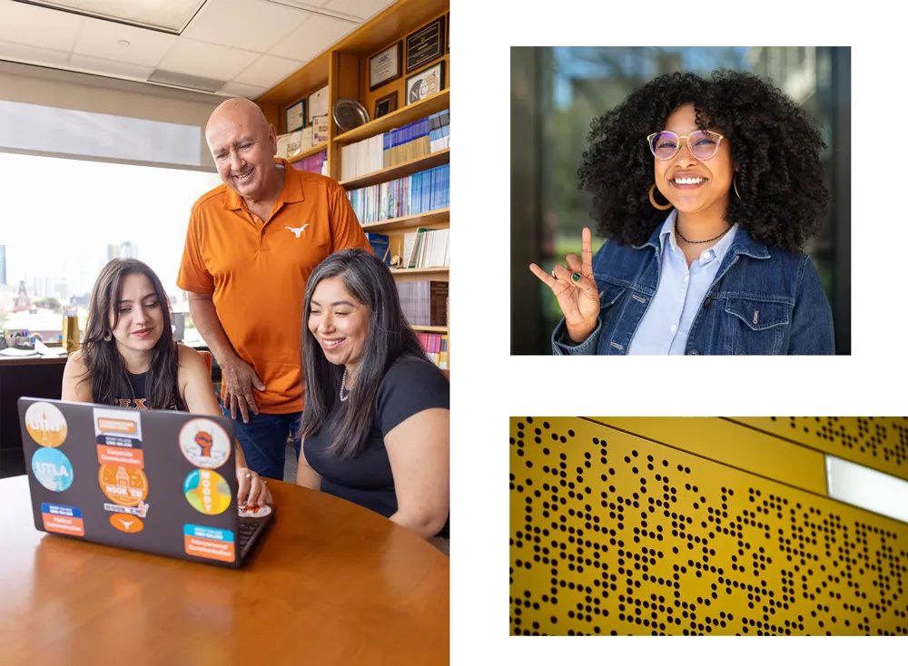 two pictures. one of faculty with students and one with a girl doing hook em sign