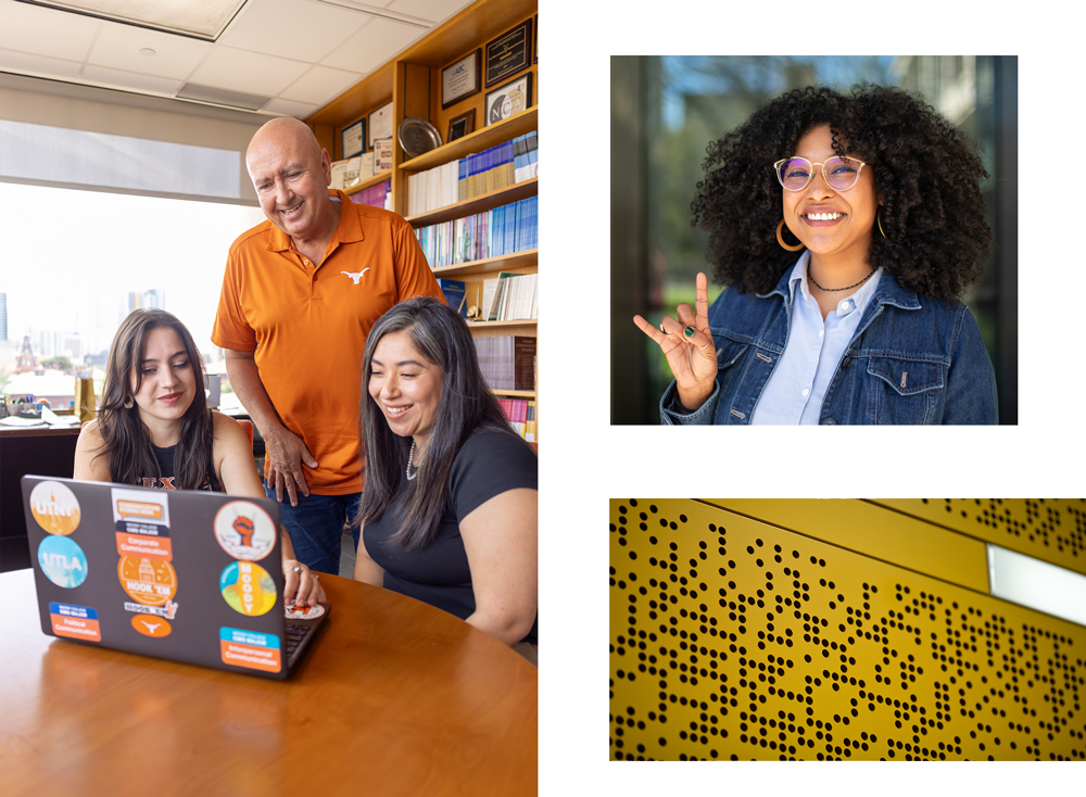 two pictures. one of faculty with students and one with a girl doing hook em sign