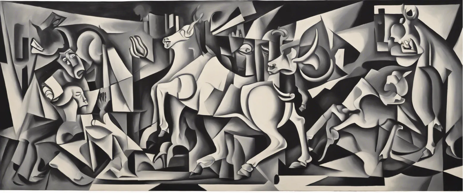 An AI-generated image of a cubist oil painting depicting a bull, screaming women, a dead baby, a dismembered soldier, a horse, and flames