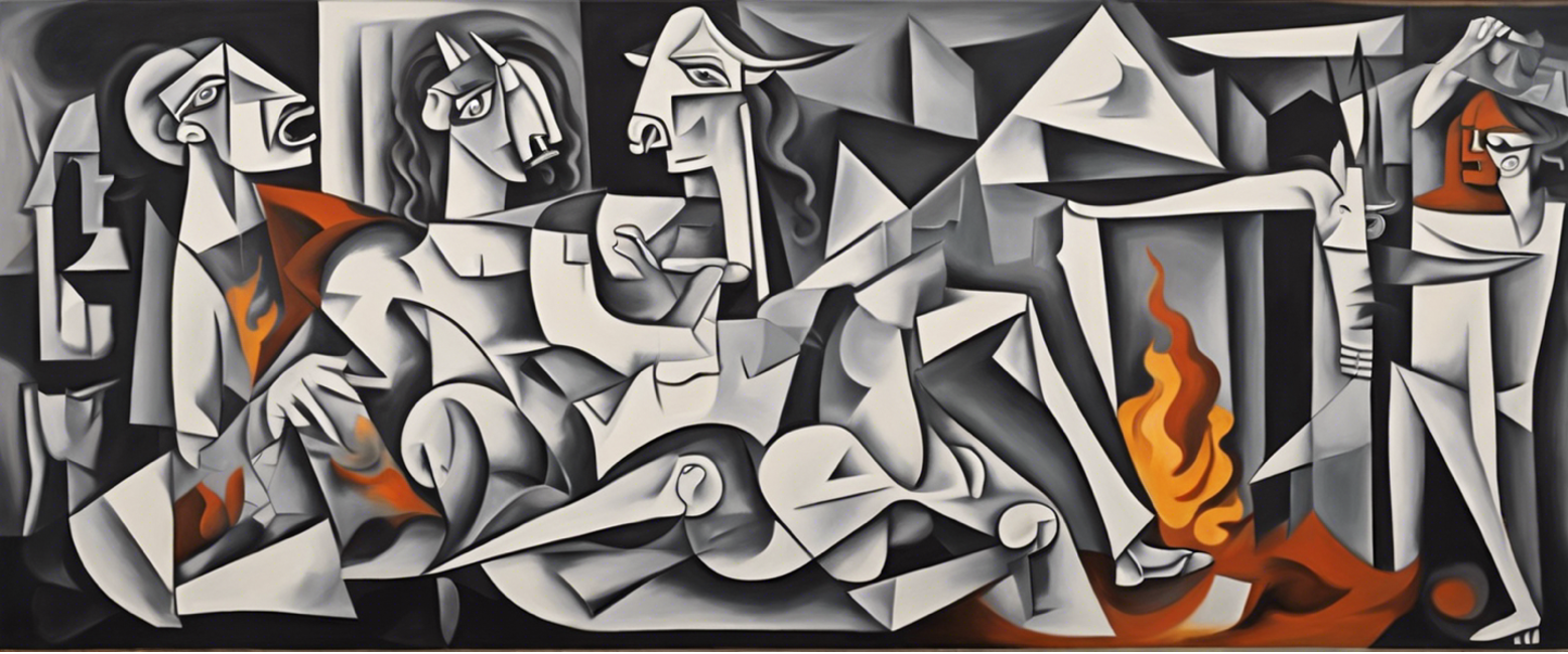 An AI-generated image of a mostly black and white cubist oil painting depicting screaming people, dead people and horses, and orange and red flames