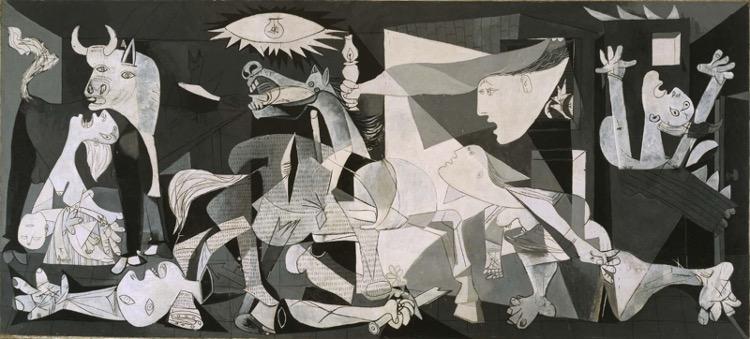 Picasso's Guernica, a black and white painting depicting screaming people and animals