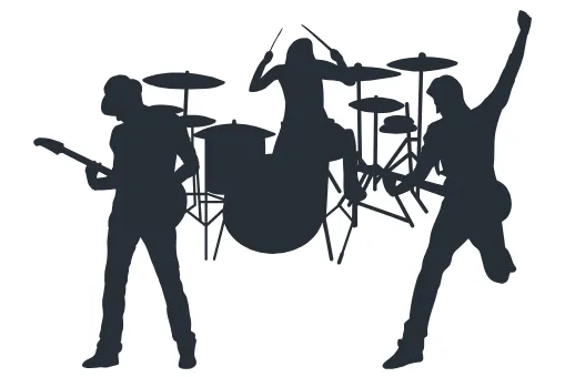 A graphic of a band silhouette with a guitarist, drummer, and singer