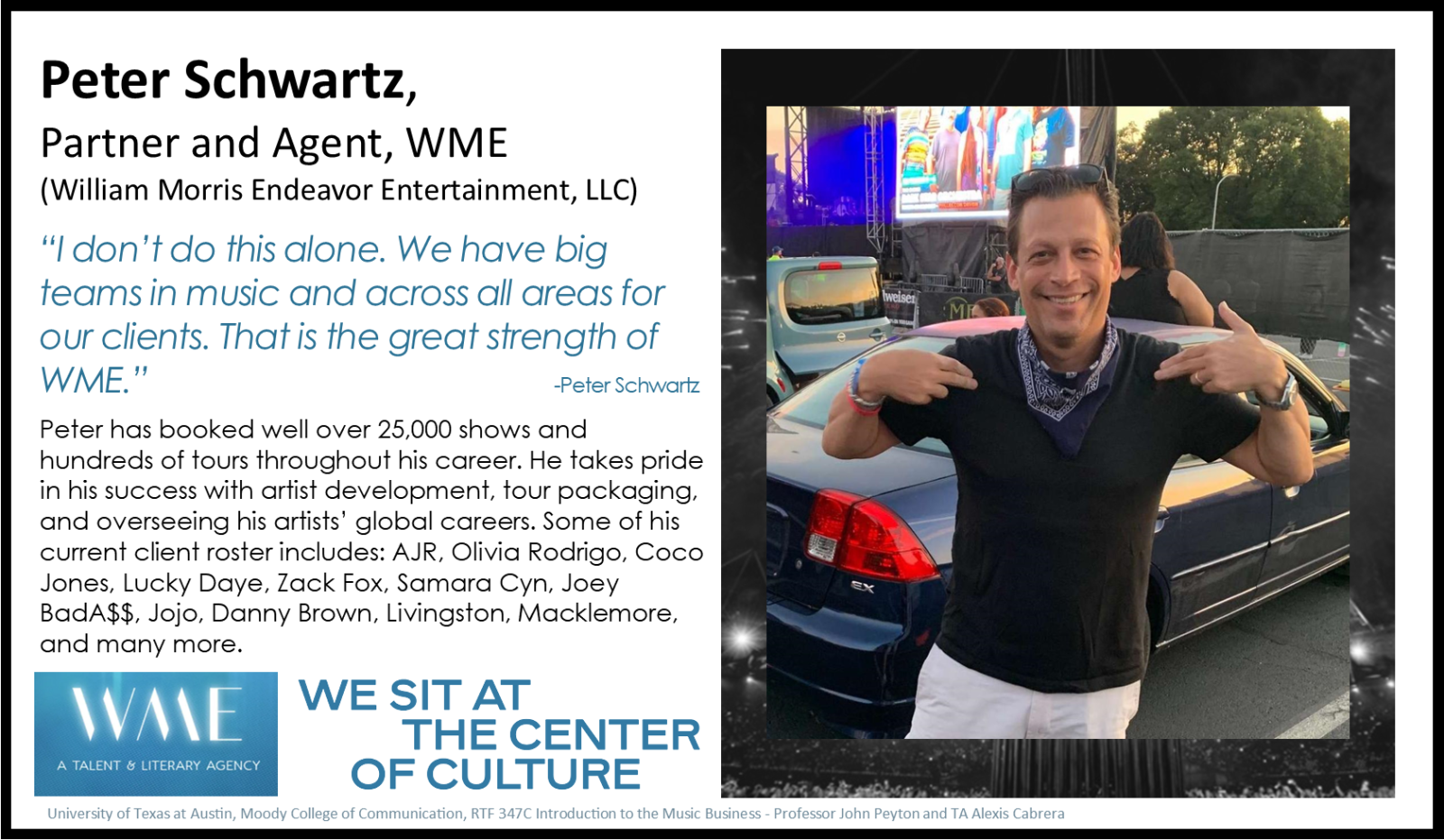 Peter Schwartz - Guest Speaker in RTF 340 The image depicts a talent agent image and his biographical information.