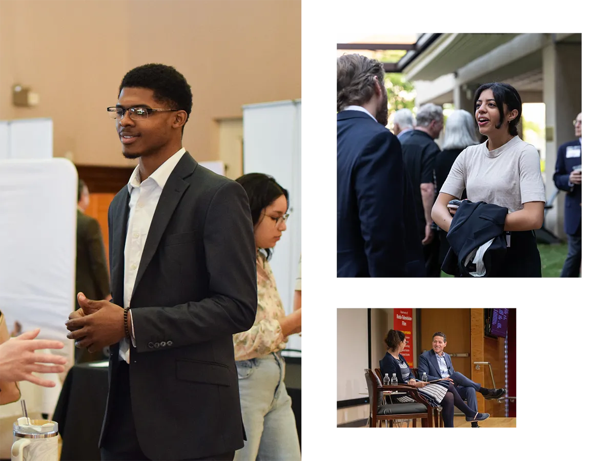 Photo collage of students engaging with industry professionals and a panel discussion