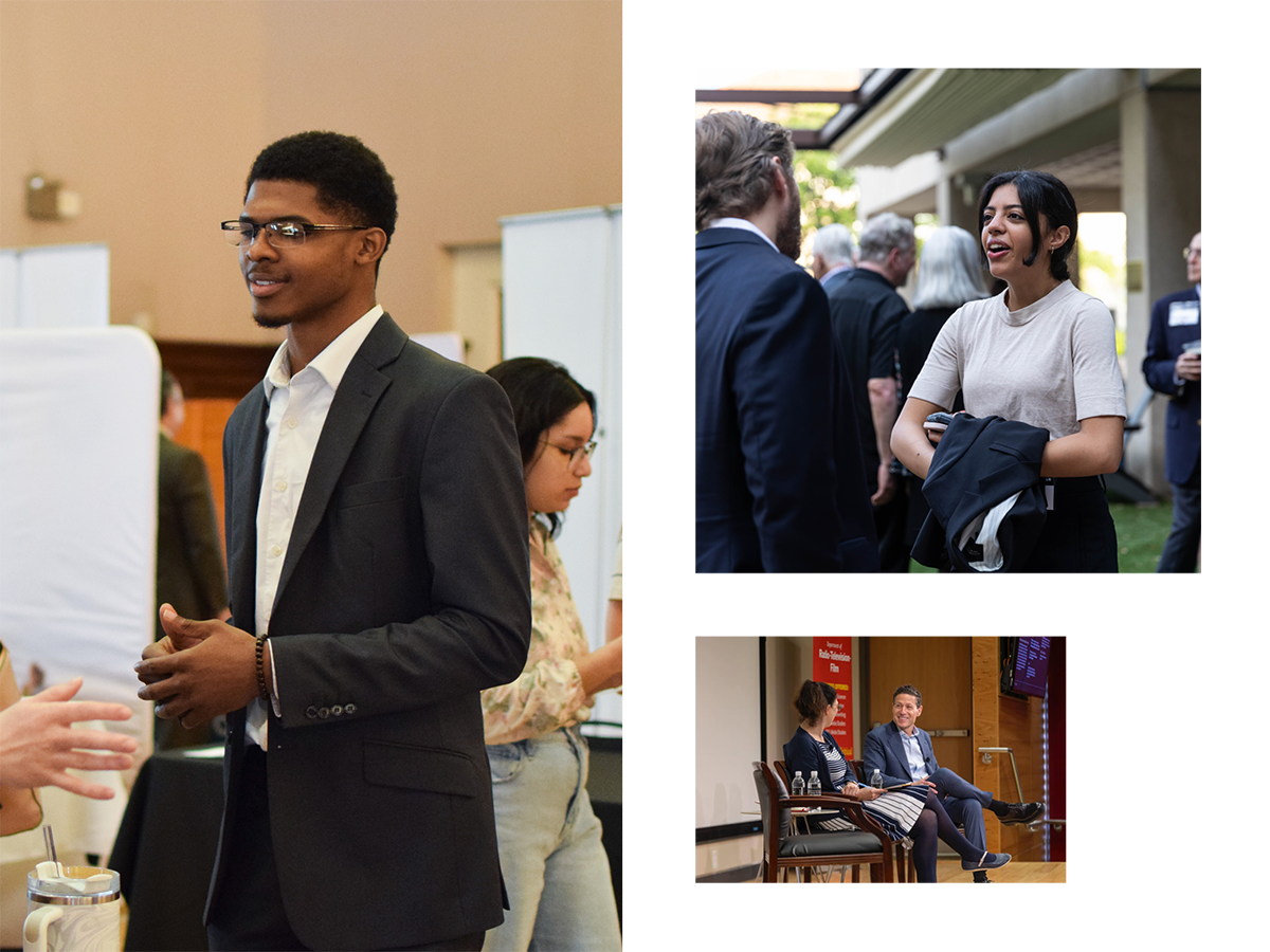 Photo collage of students engaging with industry professionals and a panel discussion