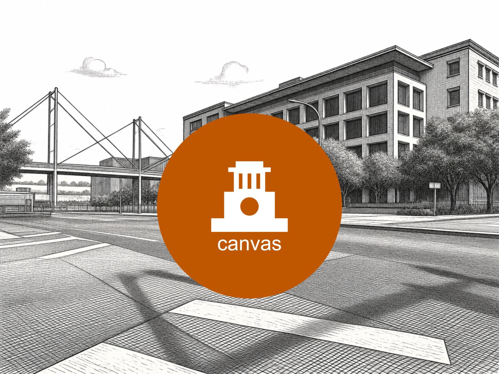 A black and white illustration of DMC building from crosswalk across from the street. A UT Austin branded canvas logo is at the forefront of the drawing.  