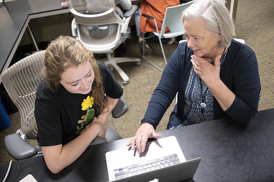 writing program director diana dawson working with student 