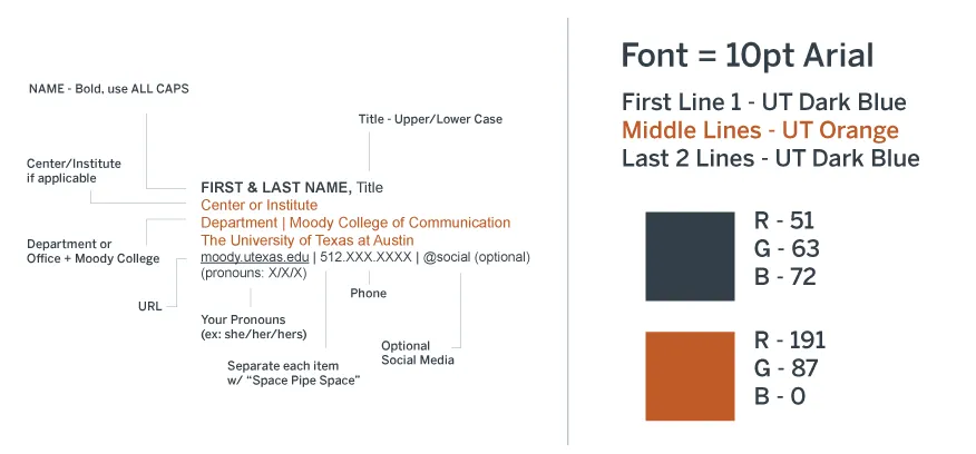 Moody email signature legend. Font should be 10pt arial. First line is UT Dark blue. Middle line is UT Orange. Last 2 lines are UT dark blue.