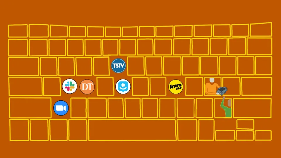 illustration of a yellow keyboard on an orange background depicting Moody moving into online spaces