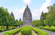 Photo of gardens and temple at Prambanan