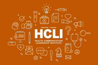 A graphic with medical, health, and communication icon outlines in white and in the middle of the graphic text in white reading Austin, Texas HCLI