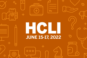 Burnt orange background with light orange outlines of various icons surrounding white text saying HCLI June 15-17, 2022