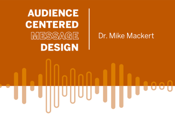 Burnt orange background with white stacked text reading Audience Centered Message Design and the instructor's name, Dr. Mike Mackert.