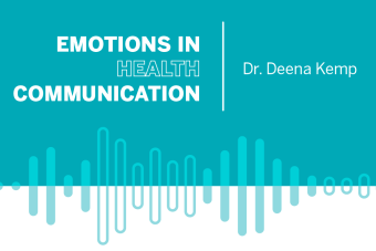 Bright blue background with white text reading "Emotions in Health Communication with Dr. Deena Kemp"