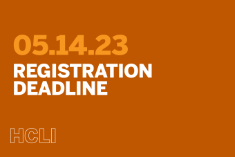 Burnt orange background with light orange text reading 05.14.23, white text underneath reading Registration Deadline, and in the bottom left corner an outline logo of the Health Communication Leadership Institute