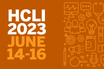 Burnt orange background. Left half of the image has stacked text in uppercase reading HCLI 2023 June 14-16. The right half of the image has outlines of various communication and health icons including a stethoscope, pencil, magnifying glass, pill bottle, computer, speech bubble, and megaphone.