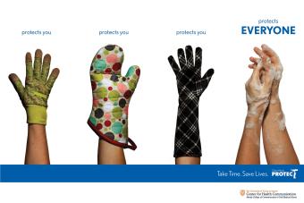 UT Center for Health Communication, Hospital Health Hygiene campaign. Wearing gloves protects you, but washing your hands protects everyone.