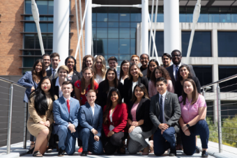 Texas Civic Ambassadors on the Moody College of Communications bridge.