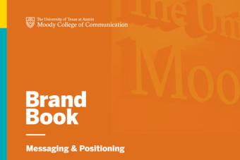 Cover of the Moody Brand Book. The book is orange with blue and green bars on the left side and text in bold white lettering that says "Brand Book: Messaging and Positioning"