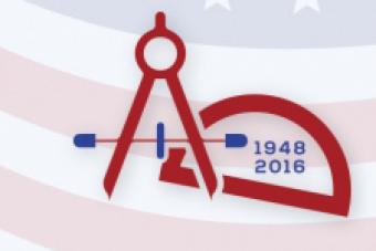 Image of a red protractor with 1948 to 2016 in the middle of it