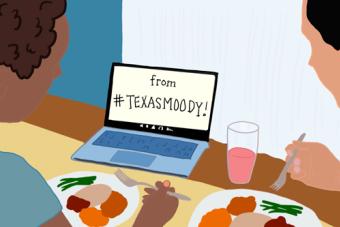 Illustration of a black woman and man eating a thanksgiving meal in front of a laptop with the words "from #Texas Moody" on the screen