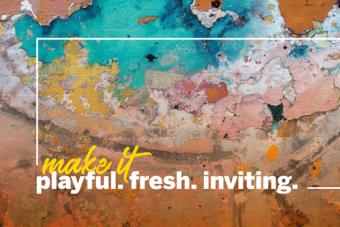 Photo of brandbook page with a vibrant, paint-chipped wall and the words "make it playful, fresh, inviting"