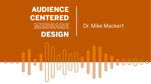 Burnt orange background with white stacked text reading Audience Centered Message Design and the instructor's name, Dr. Mike Mackert.