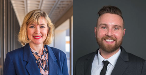Side by side headshots of Katie Bradford, woman with chin length blond hair and blue blazer, and Robert Carroll, man with short hair and beard in a shirt, tie, and blazer