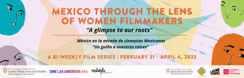 pink-ish background with yellow, blue and orange blobs. Mexico through the lens of women filmmakers.