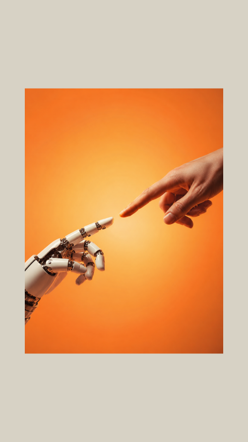 Human hand and robotic hand reaching to touch fingertips against an orange gradient background, symbolizing human–AI interaction.
